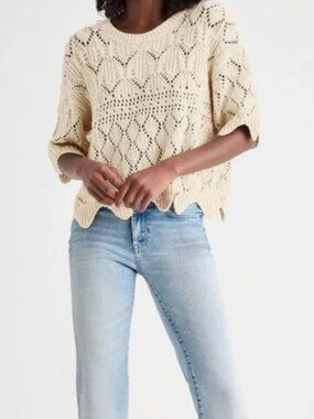 Splendid Diletta Open-Knit Crop Sweater 100% Cotton - Beige